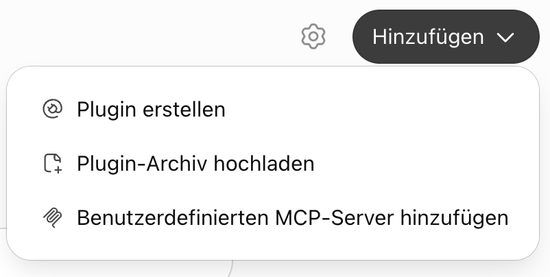 Menü Hinzufügen mit dem Eintrag Benutzerdefinierten MCP-Server hinzufügen