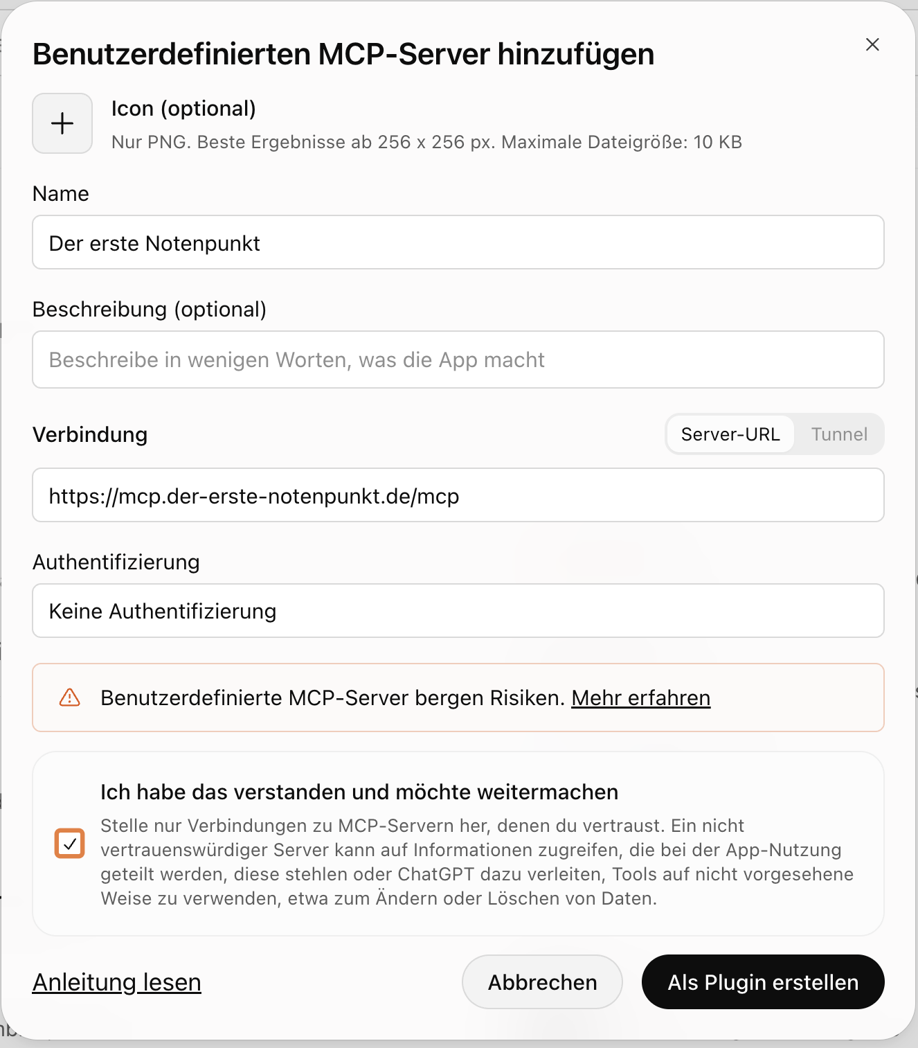 Ausgefülltes Formular: Der erste Notenpunkt, die Serveradresse, Keine Authentifizierung und Als Plugin erstellen