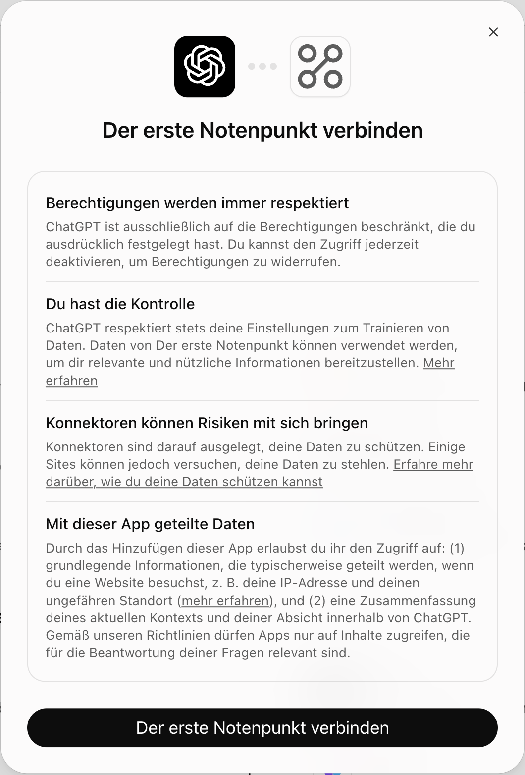 Dialog Der erste Notenpunkt verbinden mit Berechtigungs- und Datenschutzhinweisen sowie der Schaltfläche zum Verbinden