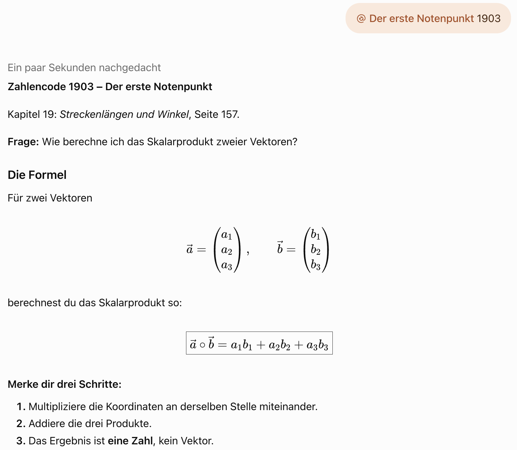 Beispielantwort zu Zahlencode 1903: Buchfrage, Kapitel 19, Seite 157 und Erklärung des Skalarprodukts