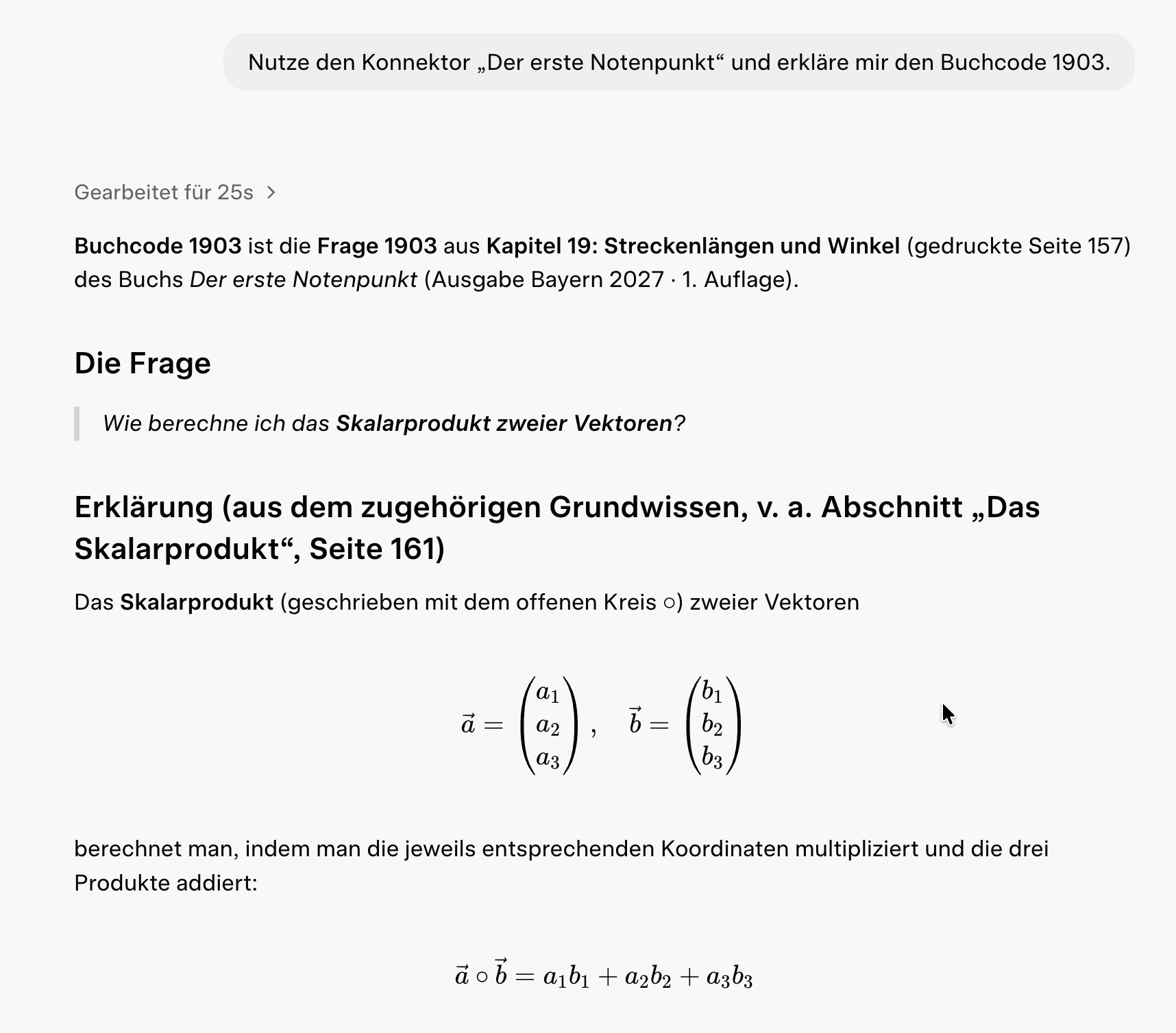 Grok erklärt Buchcode 1903 mit der richtigen Kapitel- und Seitenzuordnung sowie der Formel für das Skalarprodukt